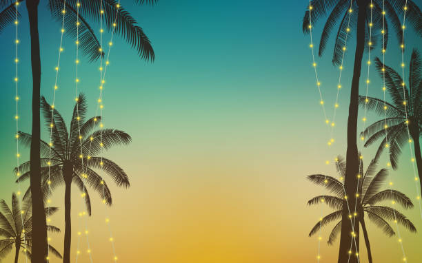 Silhouette palm tree and hanging decorative party lights in flat icon design with vintage color background