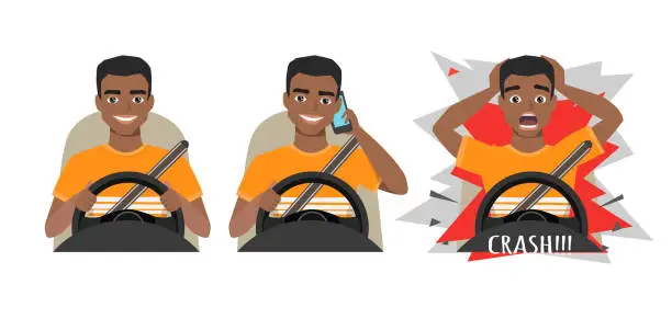 Vector illustration of black african american man driving a car. man driving a car talking on the phone. The man had an accident. crash