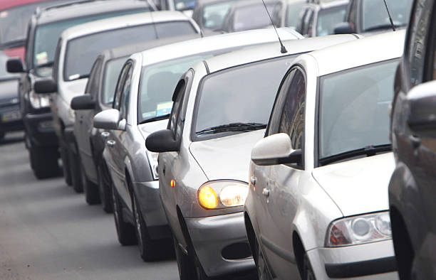 istock Heavy traffic jam with rows of cars waiting in a queue 94273097