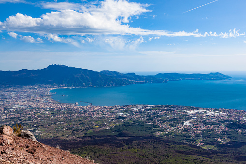castellamare di stabia and sorrento peninsula at the amalfi coastline in italy, seen from the top of mount vesuvius volcano in italy.
