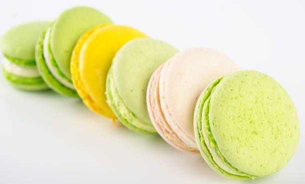 istock scattered stack of yellow-green dessert  macaron , on a light background 942739512