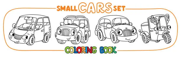 Vector illustration of Funny small city cars with eyes. Coloring book set