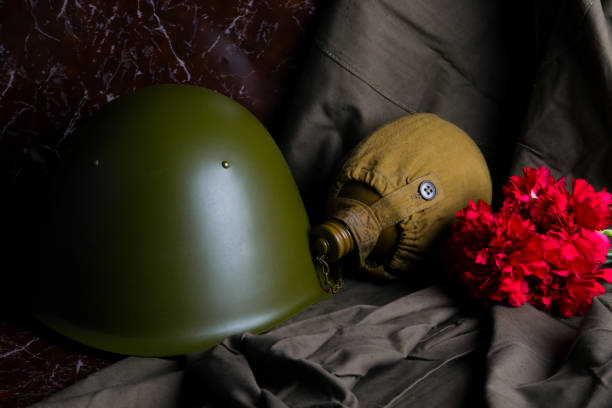 na marmurowym pomniku wojskowy pojemnik na wodę zielony słoik płaszcza i twardy kapelusz z czerwonymi goździkami jako wspomnienie nienazwanego żołnierza - bay wreath zdjęcia i obrazy z banku zdjęć