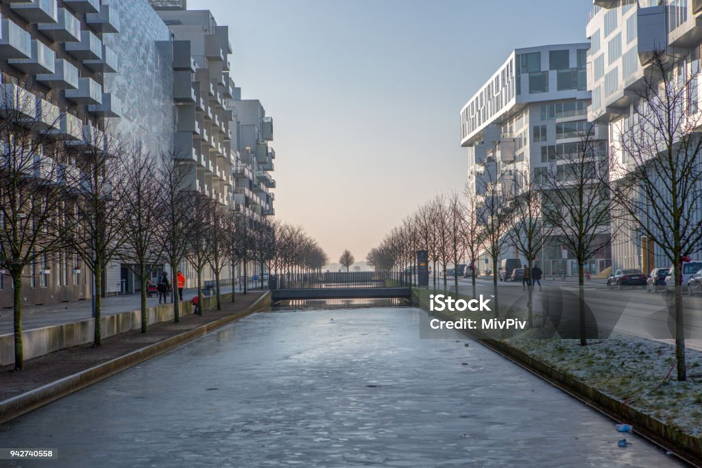 Copenhagen Newly developed area of Copenhagen - Ørestad - with canals and modern architecture. Canal Stock Photo