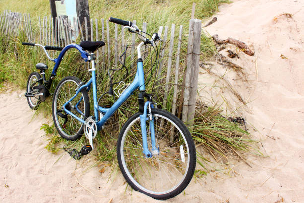 istock Bicycle built for two leaning on fence by beach and dunes 942740814