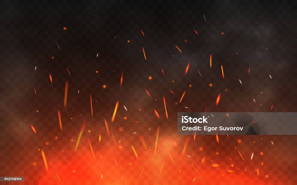 Fire sparks flying up. Glowing particles on a transparent background. Realistic fire and smoke. Red and yellow light effect. Vector illustration Fire sparks flying up. Glowing particles on a transparent background. Realistic fire and smoke. Red and yellow light effect. Vector illustration. Fire - Natural Phenomenon stock vector