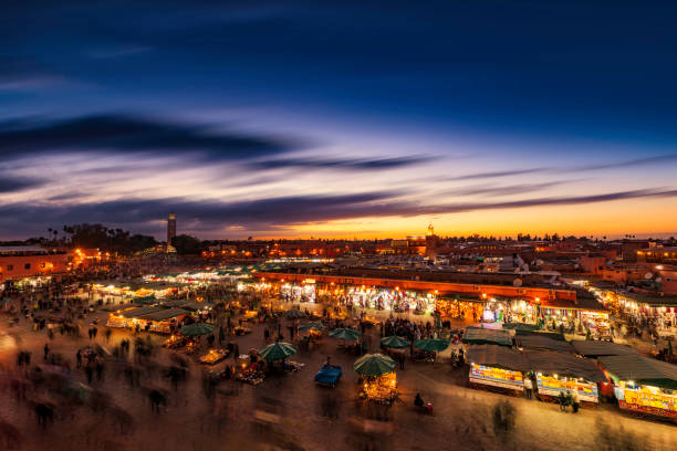 Jemaa el-Fnaa, Marrakesh, Morocco (HDRi) Djemaa el-Fna square and market place in the evening, Marrakesh, Morocco, djemma el fna square stock pictures, royalty-free photos & images