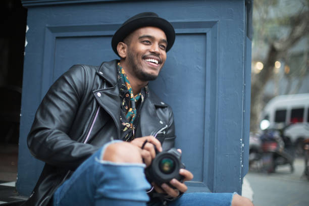 Freelance photographer walking around city.