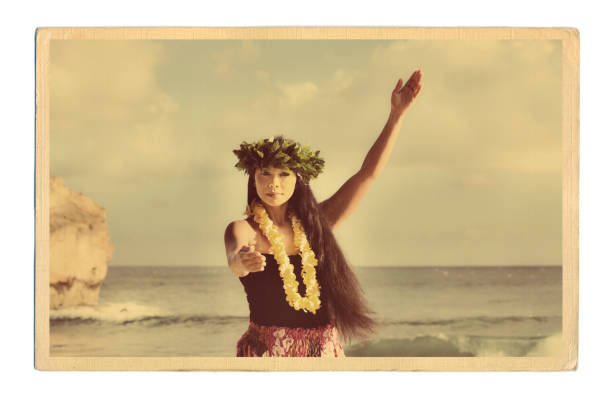 Retro 1940s-50s Vintage Style Hawaiian Hula Dancer Postcard Old Photo A retro old vintage style photo postcard look of a beautiful Hawaiian Hula dancer dancing on the beach of the tropical Hawaiian islands. Photographed in horizontal format with copy space in Kauai, Hawaii. kauai photos stock pictures, royalty-free photos & images