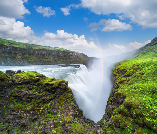 Gullfoss waterfall in the canyon of the mountains. Tourist Attraction Iceland. Beauty in nature