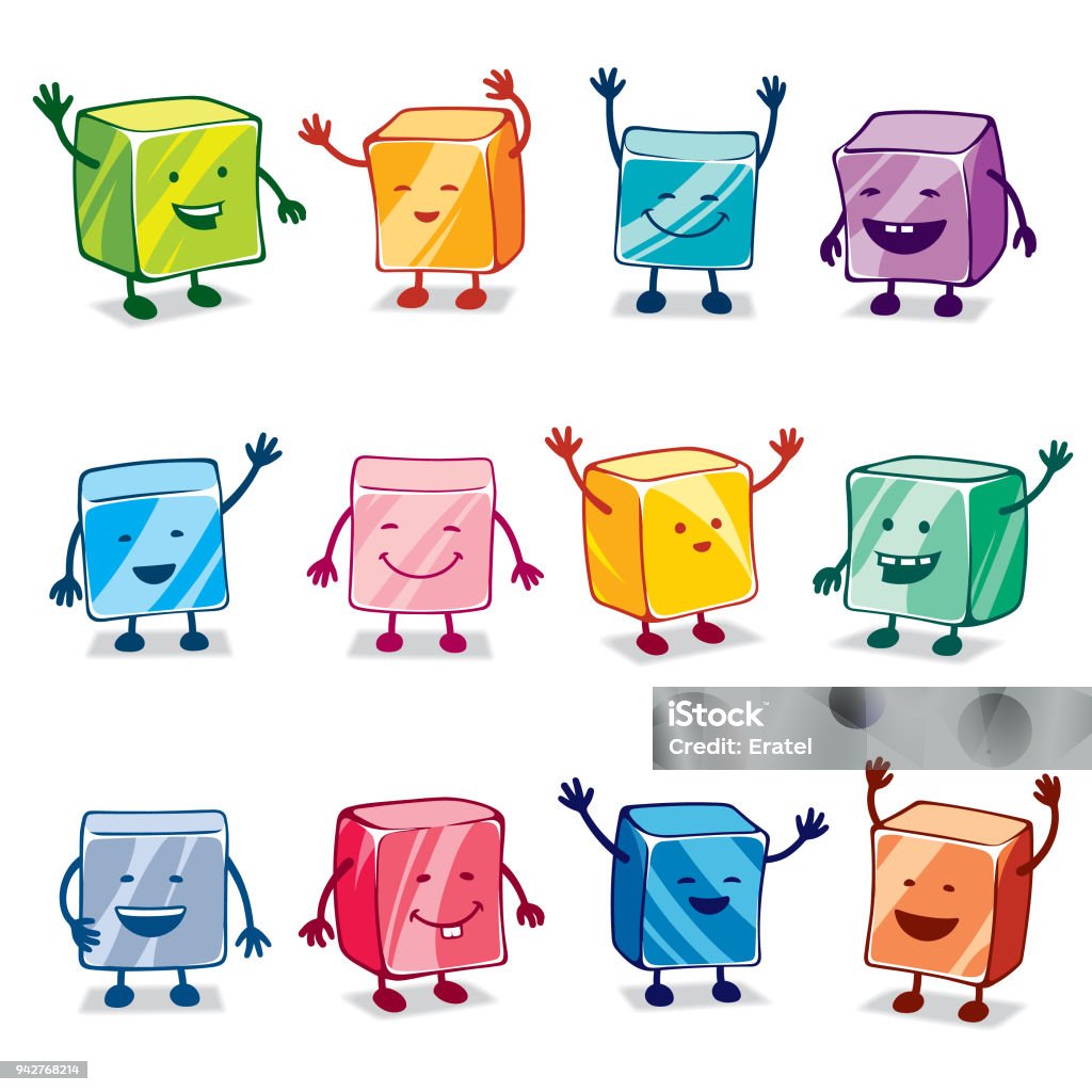 Happy Colorful Candy Characters Happy candy character illustrations. Ice Cube stock vector