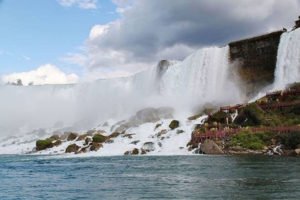 istock Niagara fall Horseshoe. Ontario. Canada. Beautiful waterfall on blue sky and white clouds background. 942768594