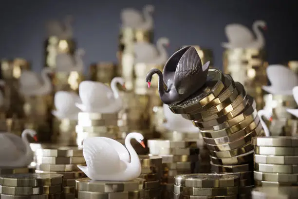 Several white swans and a single black swan balanced on a stack of British one pound coins. The stack of coins with the black swan is falling over.

Black swan theory or a black swan event is a term used to describe a very rare or otherwise unexpected event that has a major effect. The term is based on an ancient saying which presumed black swans did not exist.

It is a metaphor often used in economics to describe surprise events with, usually, severe and negative financial and economic consequences.