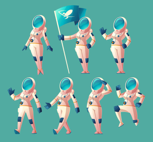 Vector set of astronaut girls in different poses Vector set with cartoon astronaut girl in spacesuit and helmet, in different poses, holding flag, waving hand, walking, running. Clipart with cute women cosmonaut characters, space explorer or pilot astronaut clipart stock illustrations