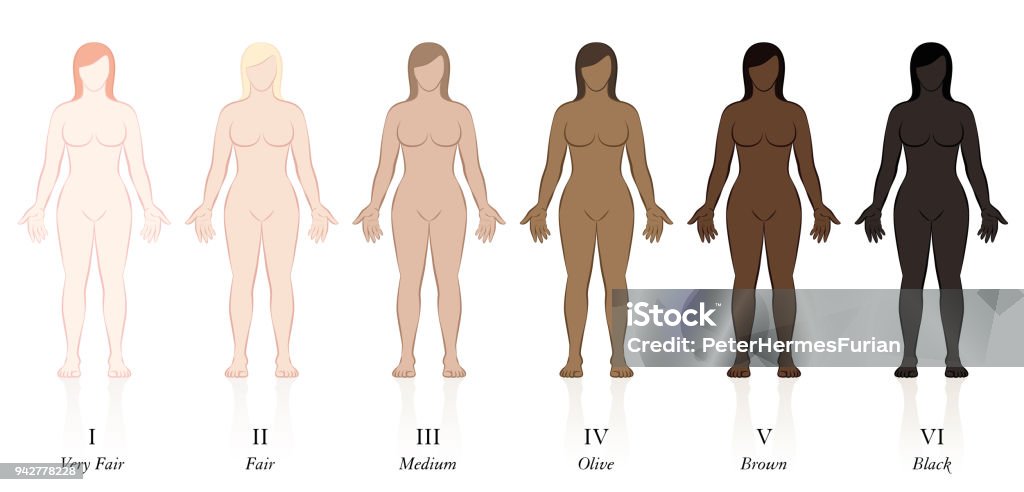 Skin types. Six women with different skin colors. Very fair, fair, medium, olive, brown and black, to determine the sun protection factor. Scale stock vector