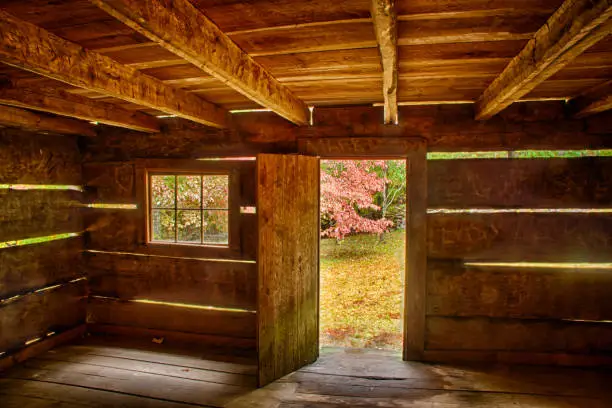 Interior of log cabin in the Great Smoky Mountain National Park