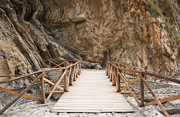 Wooden bridge in Samaria gorge. stock photo