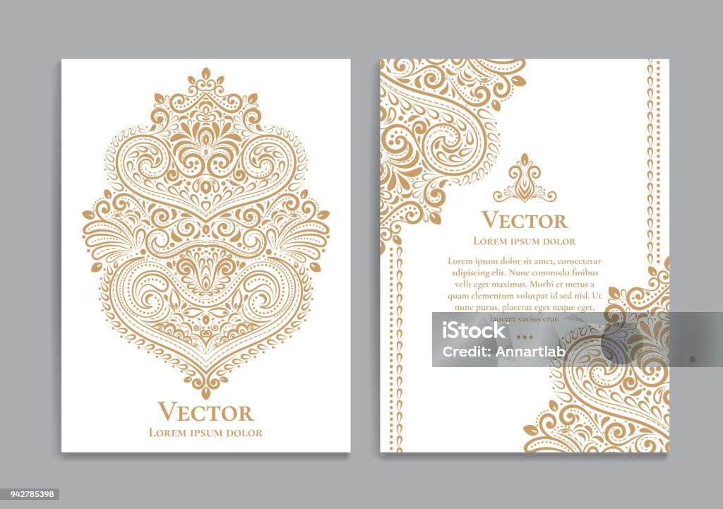 Blanche et or invitation cartes avec un motif vintage luxueux. - clipart vectoriel de Culture indienne d'Inde libre de droits