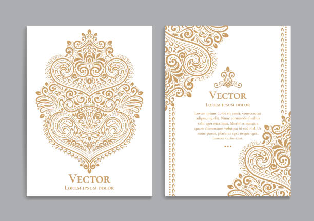 White and gold invitation cards with a luxurious vintage pattern. Great white card for invitation, flyer, menu, brochure, postcard, background, wallpaper, decoration, or any desired idea culture of india stock illustrations