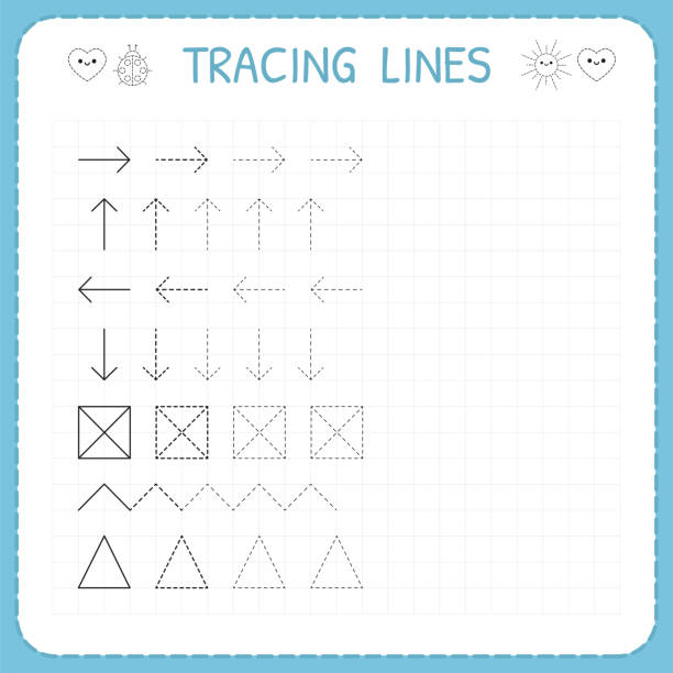 ilustrações, clipart, desenhos animados e ícones de linhas de rastreamento. páginas de trabalho para as crianças. planilhas de infantário ou jardim de infância. escrita básica. traçar o padrão. planilha para crianças - traçar