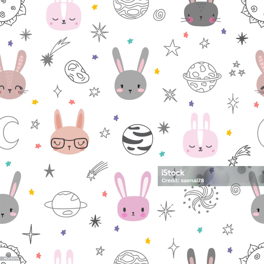 Niedliche Raum nahtlose Muster mit Cartoon Hasen. Abstrakten print mit Tieren. Handgezeichnete Kindergarten Hintergrund mit lustigen Hasen für kleine Kinder - Lizenzfrei Bildhintergrund Vektorgrafik