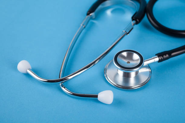 istock Stethoscope (phonendoscope) isolated on blue background, medical equipment 942793206