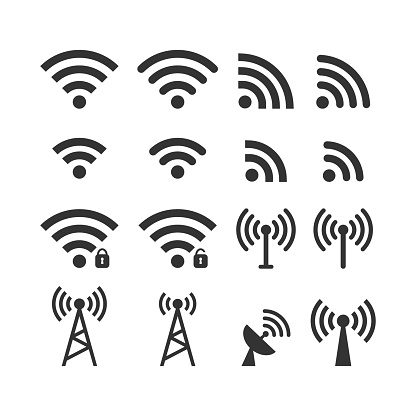 Wireless signal web icon set. Wi fi icons. Secured, unsecured, anthena, beacon password protected icons.