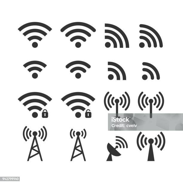 Wireless Signal Web Icon Set Wi Fi Icons Secured Unsecured Anthena Beacon Password Protected Icons Stock Illustration - Download Image Now