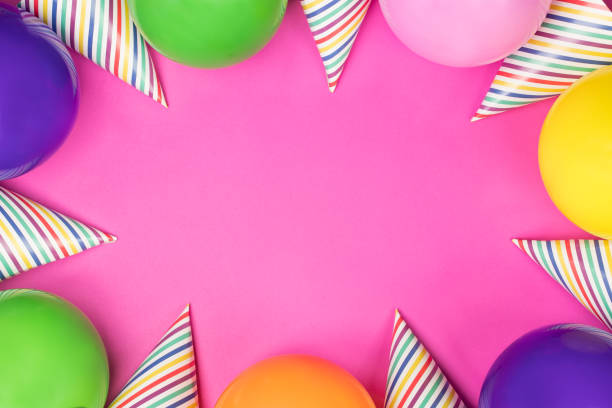 istock Birthday party composition on pink background. Top view with copy space. 942809166