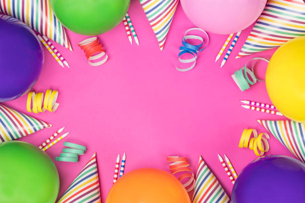 istock Birthday party composition on pink background. Top view with copy space. 942809206