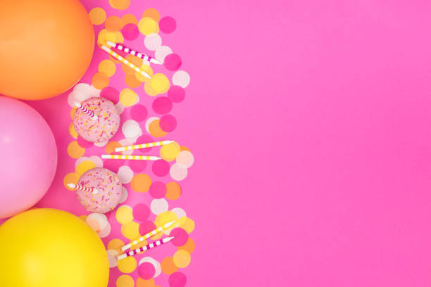 istock Birthday party composition on pink background. Top view with copy space. 942809266