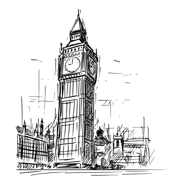 ilustrações, clipart, desenhos animados e ícones de esboço de desenhos animados da torre do relógio de ben grande em londres, inglaterra, reino unido - english culture illustrations