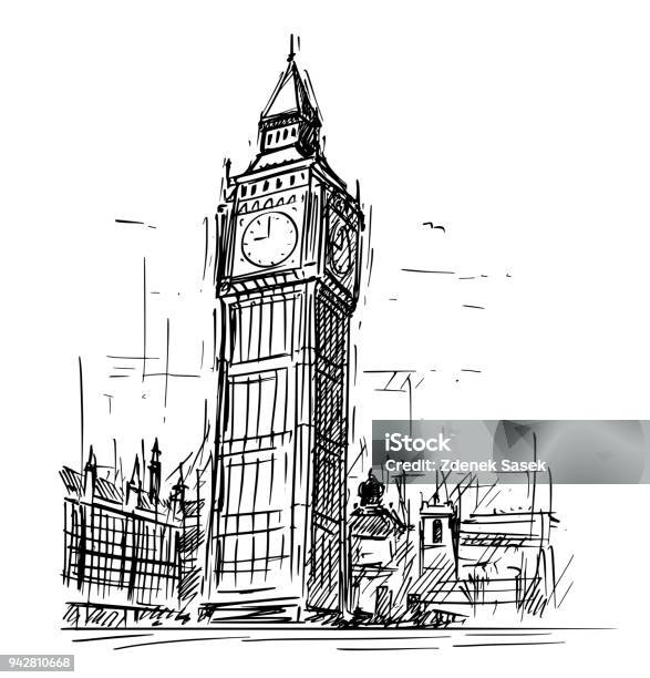 Cartoon Sketch Of Big Ben Clock Tower In London England United Kingdom Stock Illustration - Download Image Now