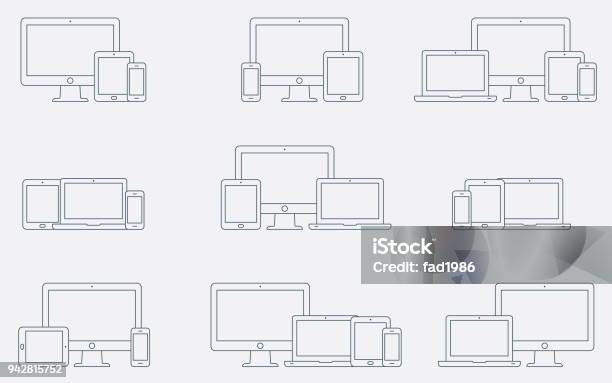 Ilustración de Vector Conjunto De Iconos De Dispositivo De Contorno Iconos De Dispositivos Digitales Sensibles y más Vectores Libres de Derechos de Herramientas profesionales