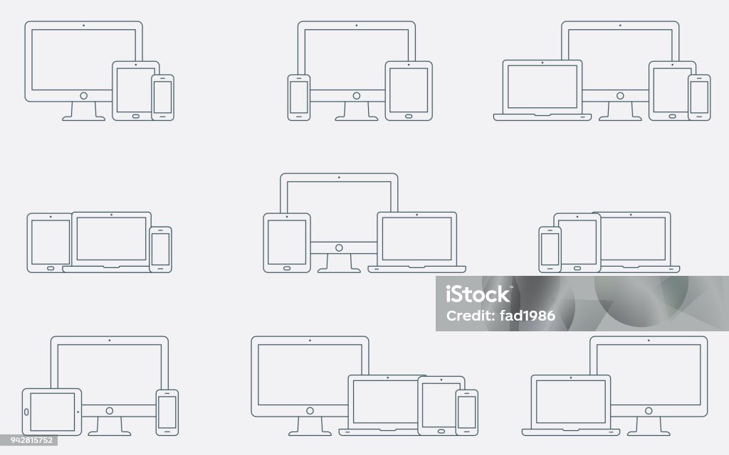 Vector set of outline device icons. Responsive digital devices icons. Vector set of outline device icons. Monitor, laptop, tablet pc and smartphone. Vector illustration Equipment stock vector