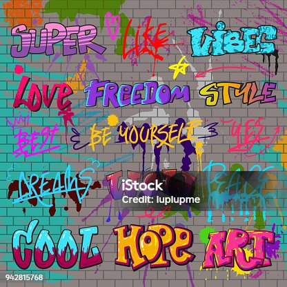 istock Graffiti vector graffito of brushstroke lettering or graphic grunge typography illustration set of street text with love freedom isolated on brick wall background 942815768