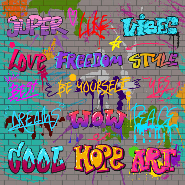 Graffiti vector graffito of brushstroke lettering or graphic grunge typography illustration set of street text with love freedom isolated on brick wall background Graffiti vector graffito of brushstroke lettering or graphic grunge typography illustration set of street text with love freedom isolated on brick wall background. graffiti brick wall dirty wall stock illustrations