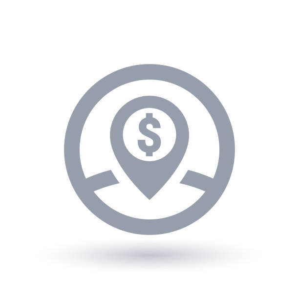 American dollar in navigation pin icon. Money gps location symbol. American dollar in navigation pin icon. Money gps location symbol. Finance navigation sign in circle outline. Vector illustration. geo locator stock illustrations