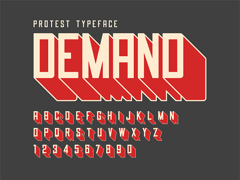 Protest display font design, alphabet, character set, letters and numbers. Swatch color control.