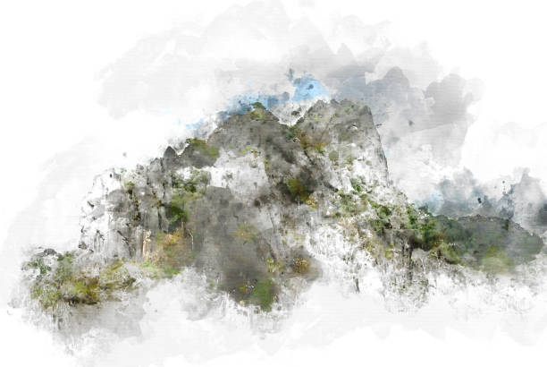istock Abstract beautiful mountain silhouette, soft wave river and soft sunlight on oil watercolor painting background. 942832670
