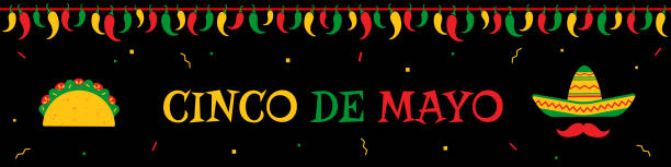 Taco and sombrero cinco de mayo event web banner Traditional festival cinco de mayo web design banner template. Native taco and face with sombrero and mustache under chili pepper garland. Festive colors vector illustration for event on cinco de mayo chili pepper border stock illustrations