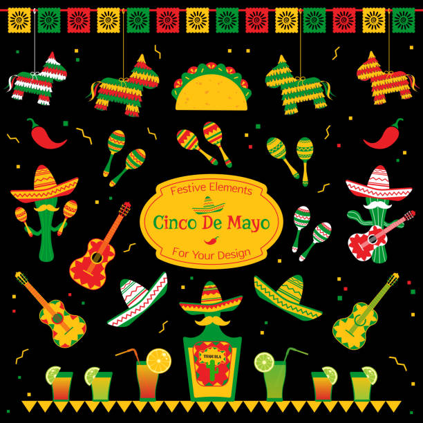 ilustrações de stock, clip art, desenhos animados e ícones de set of traditional symbols for cinco de mayo - carnival spirit