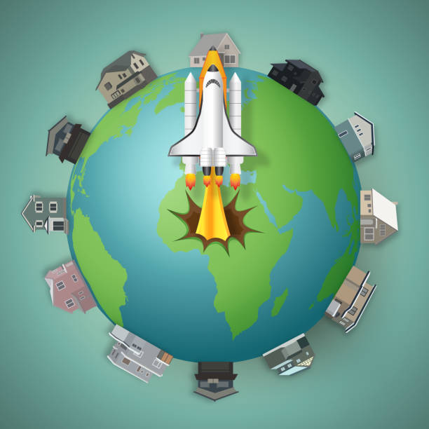 istock Rocket launch from the green world ground as business, start up project, paper art and craft style concept. vector illustrator. 942846822