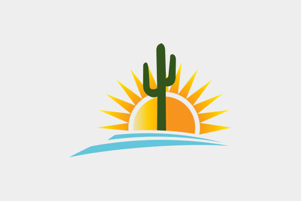 Cactus Desert Western Logo Illustration Sunny Desert scene with cactus and stone saguaro cactus stock illustrations