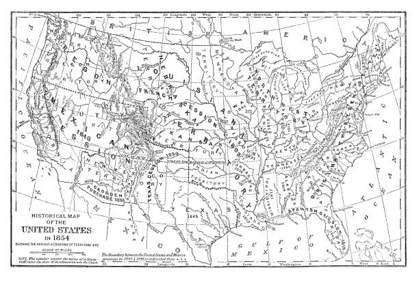 Historical map of the United States in 1854 Historical map of the United States in 1854 - Scanned 1887 Engraving black and white map of united states stock illustrations