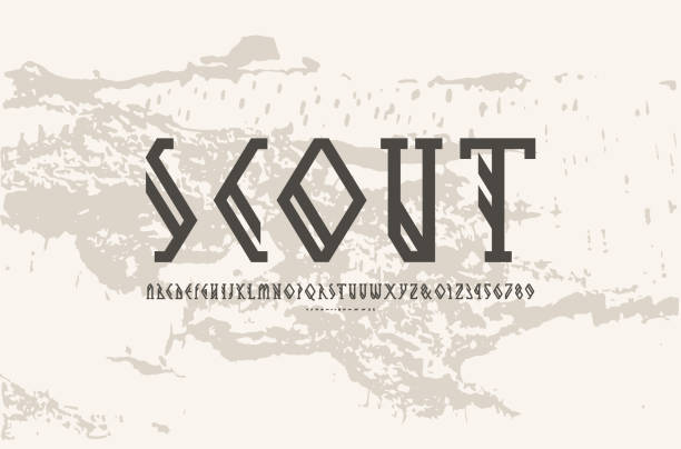 Decorative geometric slab serif font Decorative geometric slab serif font. Bold face. Letters and numbers for camping and nature emblem design. Black print on color texture background runes stock illustrations