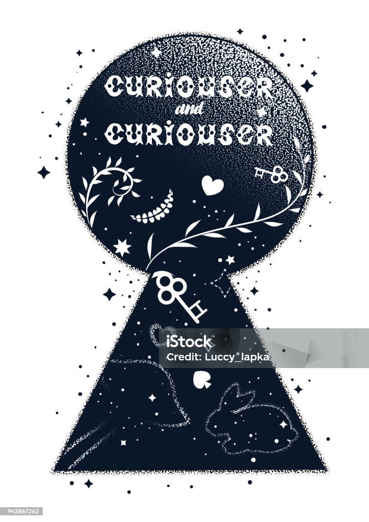 Vintage illustration with keyhole. Alice in wonderland motifs. Tattoo art and double exposure style. Hand drawn quote "curiouser and curiouser". Digital Composite stock vector