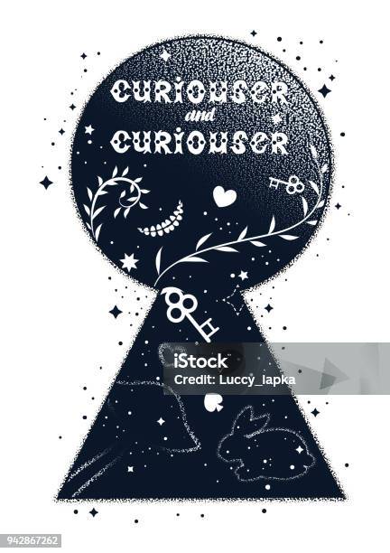 Vintage Illustration With Keyhole Alice In Wonderland Motifs Tattoo Art And Double Exposure Style Hand Drawn Quote Curiouser And Curiouser Stock Illustration - Download Image Now
