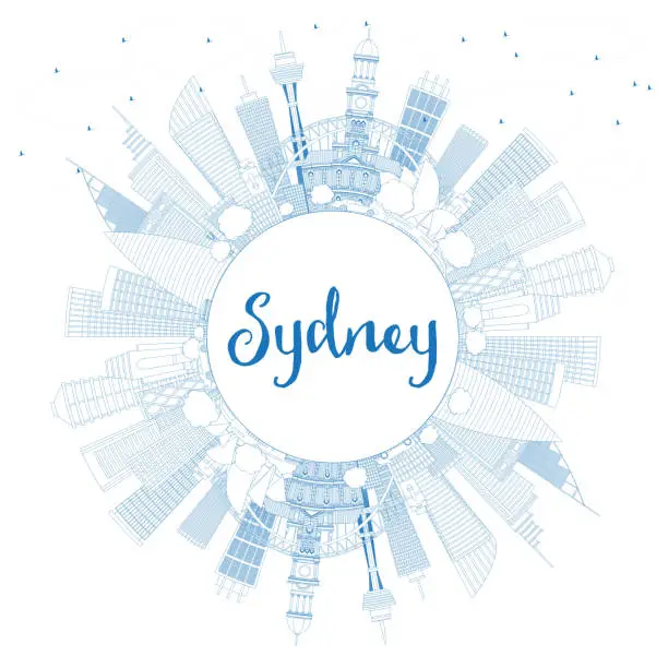 Vector illustration of Outline Sydney Australia City Skyline with Blue Buildings and Copy Space.