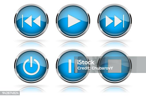 istock Media buttons. Blue round glass buttons with chrome frame 942874824